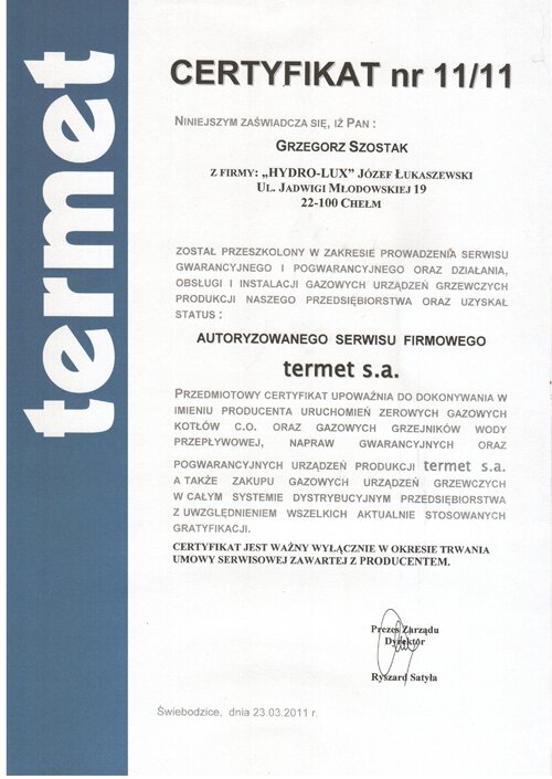 Certyfikat autoryzacji nr 11