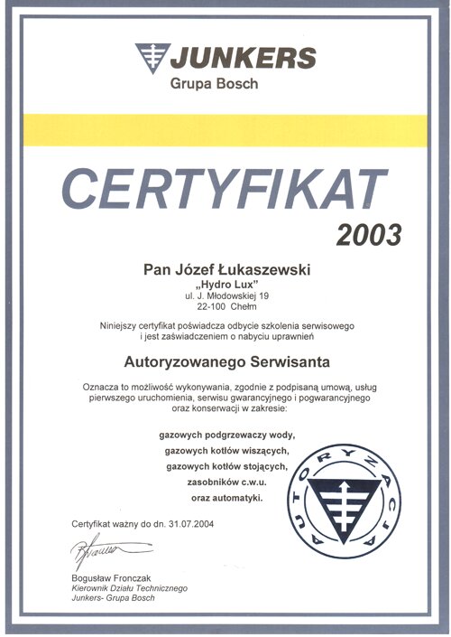 Certyfikat autoryzacji nr 19